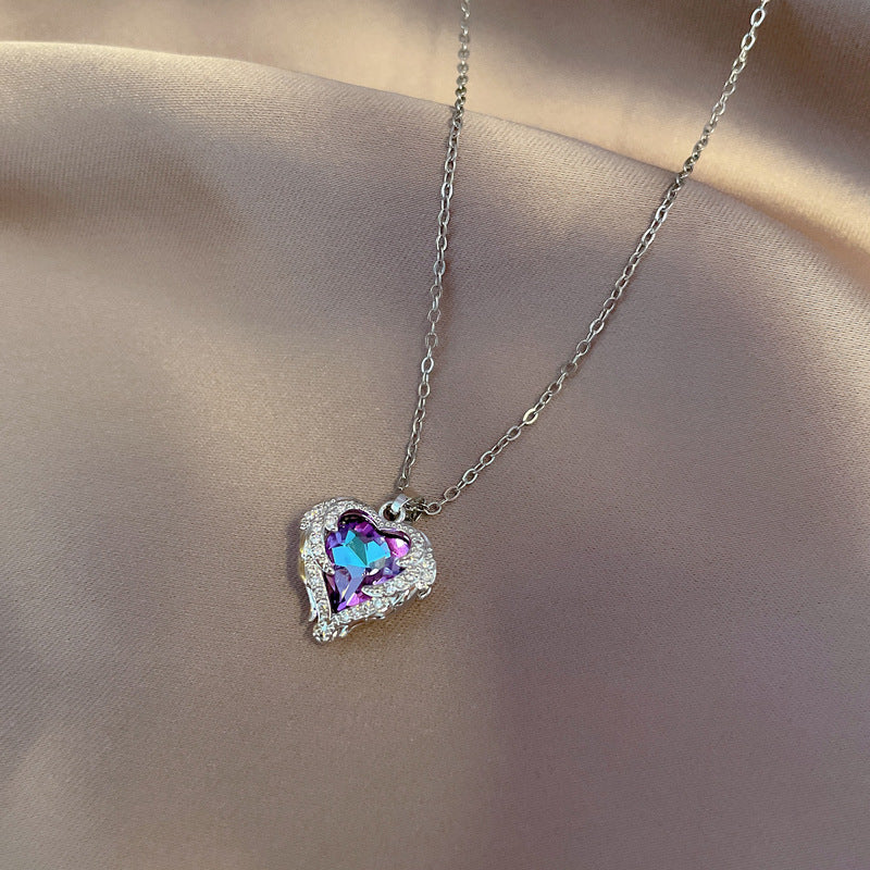 Blue Purple Diamond Wings Ocean Heart Love Necklace