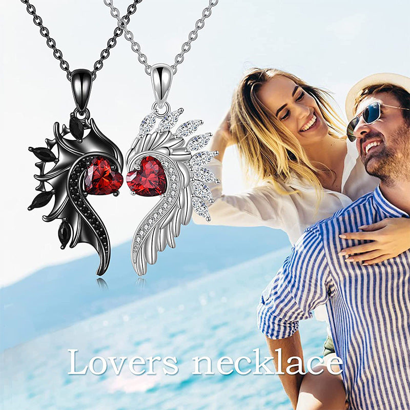 Angel Devil Wings Couple's Pendant Diamond Loving Heart Zircon Necklace