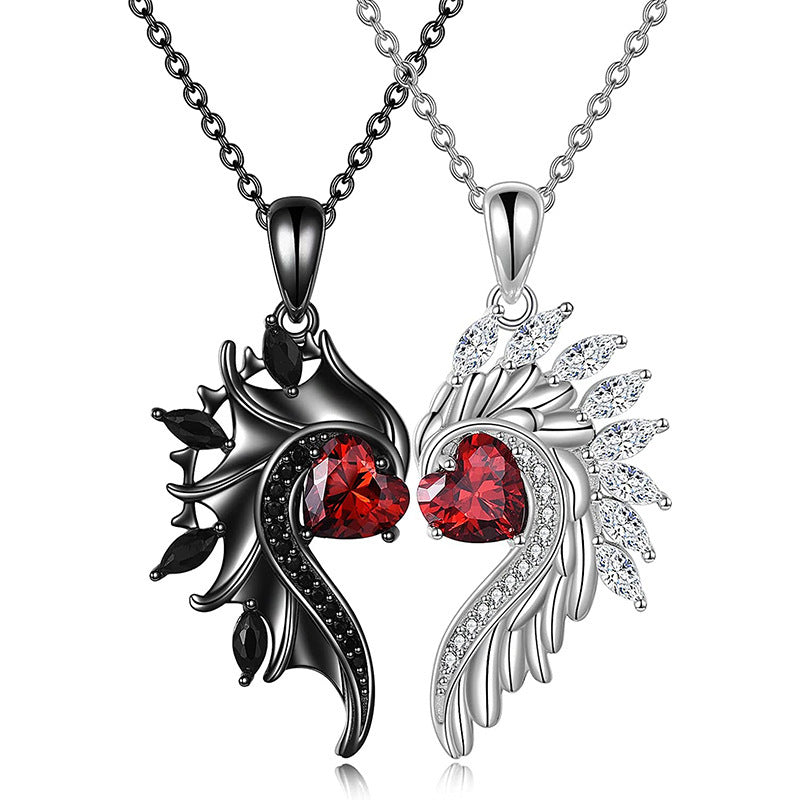 Angel Devil Wings Couple's Pendant Diamond Loving Heart Zircon Necklace