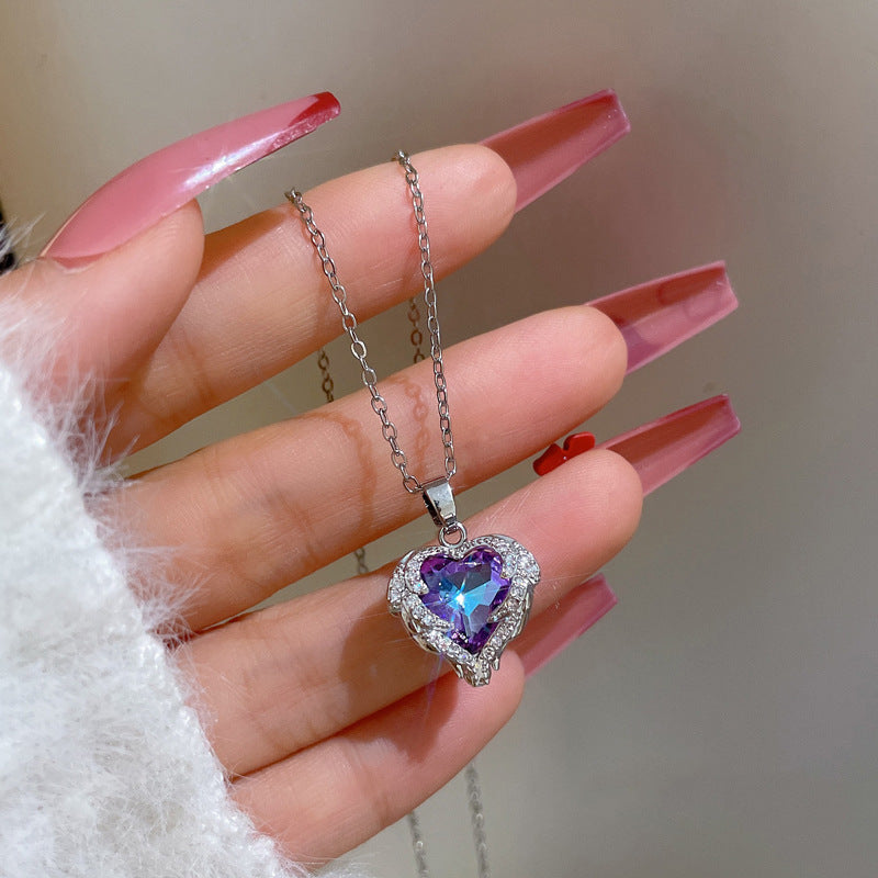Blue Purple Diamond Wings Ocean Heart Love Necklace
